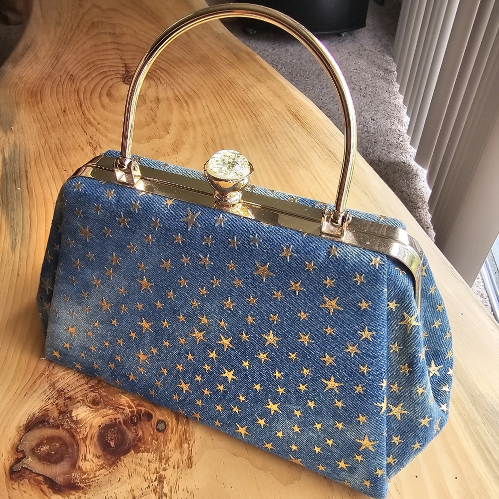 Gold Embossed Star Denim Crossbody Handbag